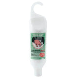 White plastic bottle of farmsense supamint udder cream with green label featuring pink pig with japanese peppermint oil to improve udder condition