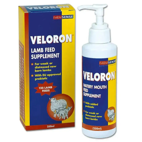 White pump bottle of Farmsense Veloron liquid booster feed with blue yellow label for weak distressed newborn lambs