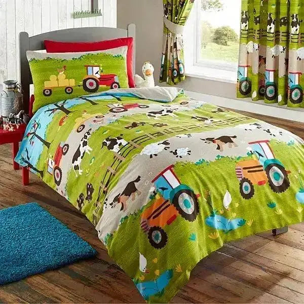 Bright green farmyard duvet set with colorful tractors cows and sheep perfect for a child’s bedroom