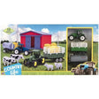 Green plastic tractor with yellow wheels and green trailer from farmyard playset for equestrian and horses play