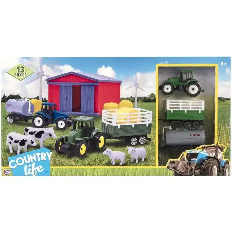 Green plastic tractor with yellow wheels and green trailer from farmyard playset for equestrian and horses play