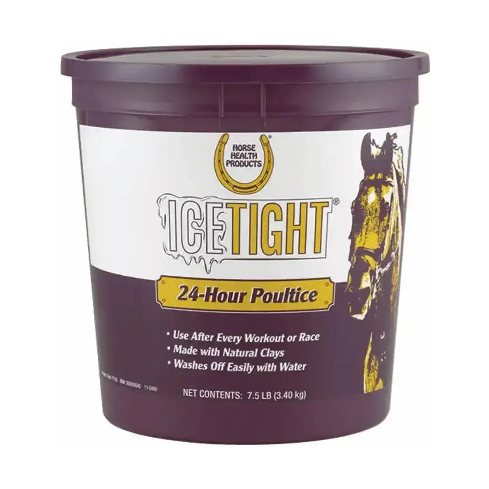 Purple plastic tub of farnam icetight 24-hour leg clay poultice made with natural clays for cooling lotions use