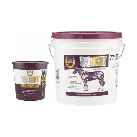 White plastic bucket with maroon lid and handle labeled farnam icetight 24-hour leg clay for cooling lotions and horse care