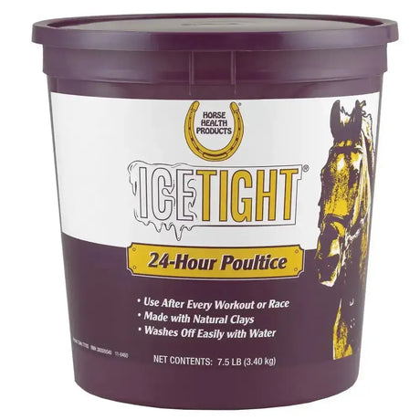 Purple plastic tub of farnam icetight poultice 24-hour horse poultice with white label and horse head illustration
