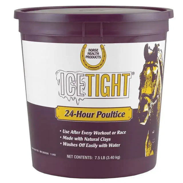 Purple plastic tub of farnam icetight poultice 24-hour horse poultice with white label and horse head illustration