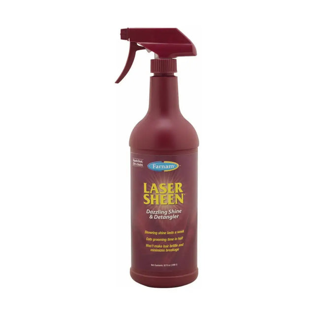 Maroon plastic spray bottle of farnam laser sheen premium hair polish for horse grooming and dazzling shine detangling