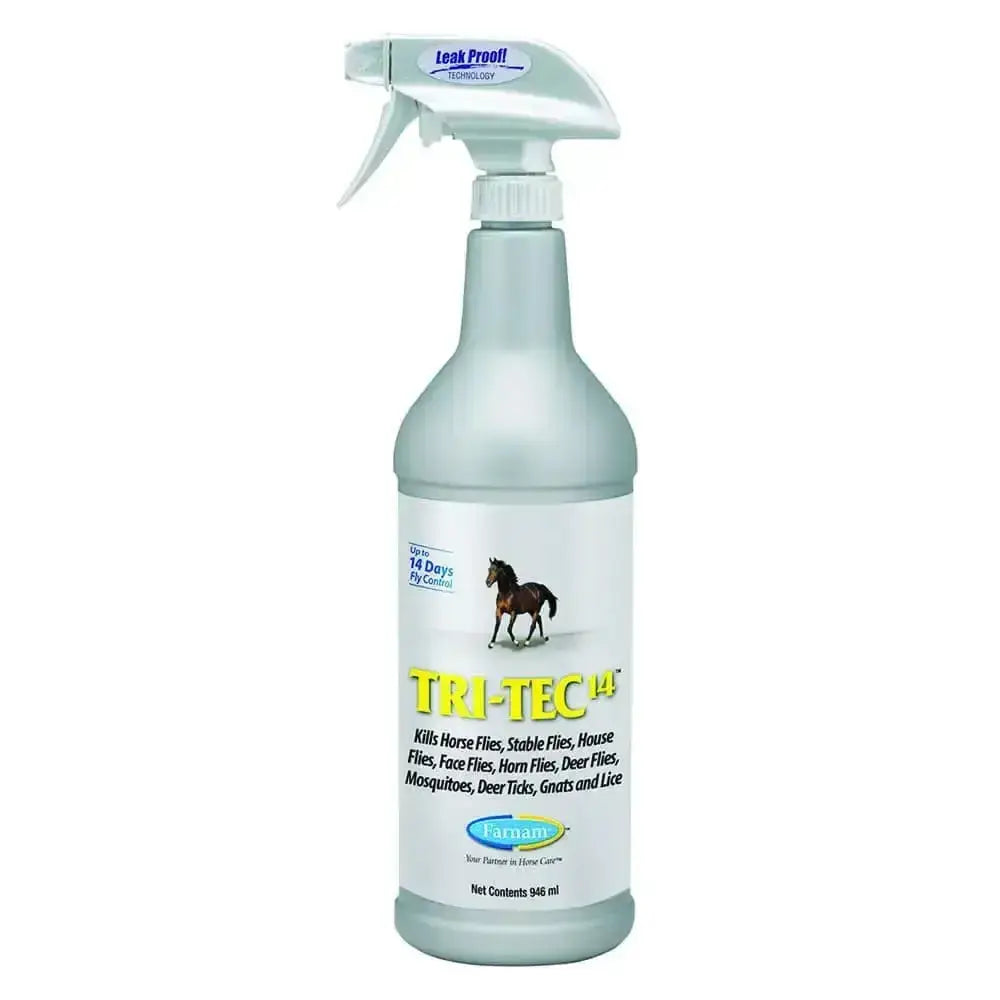 A translucent light gray farnam tri-tec spray bottle with white trigger nozzle containing botanically-derived pyrethrins fly control insecticide