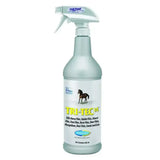 A translucent light gray farnam tri-tec spray bottle with white trigger nozzle for fly control insecticide on horses using botanically-derived pyrethrins