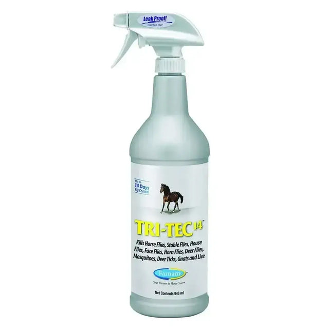 A translucent light gray farnam tri-tec spray bottle with white trigger nozzle for fly control insecticide on horses using botanically-derived pyrethrins