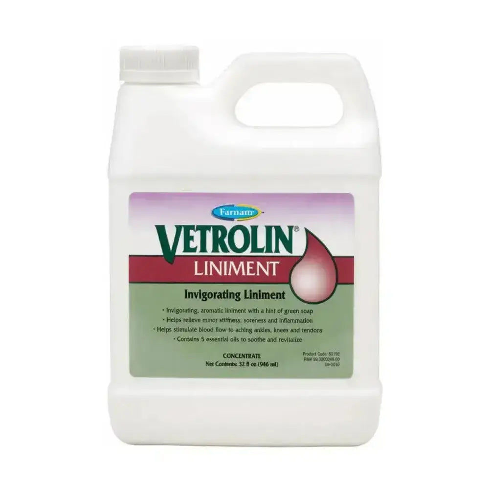 White plastic jug of farnam vetrolin liniment aromatic embrocation with a hint of green soap for invigorating use