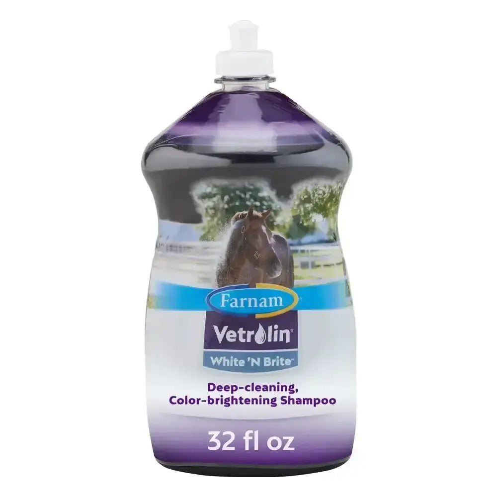 Farnam vetrolin white n brite shampoo in a 32 fl oz purple bottle with white cap for deep cleaning and brightening whites