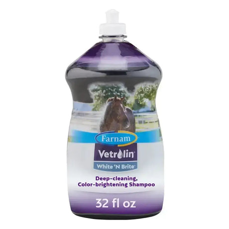 Farnam vetrolin white n brite shampoo in a 32 fl oz purple bottle with white cap for deep cleaning and brightening whites