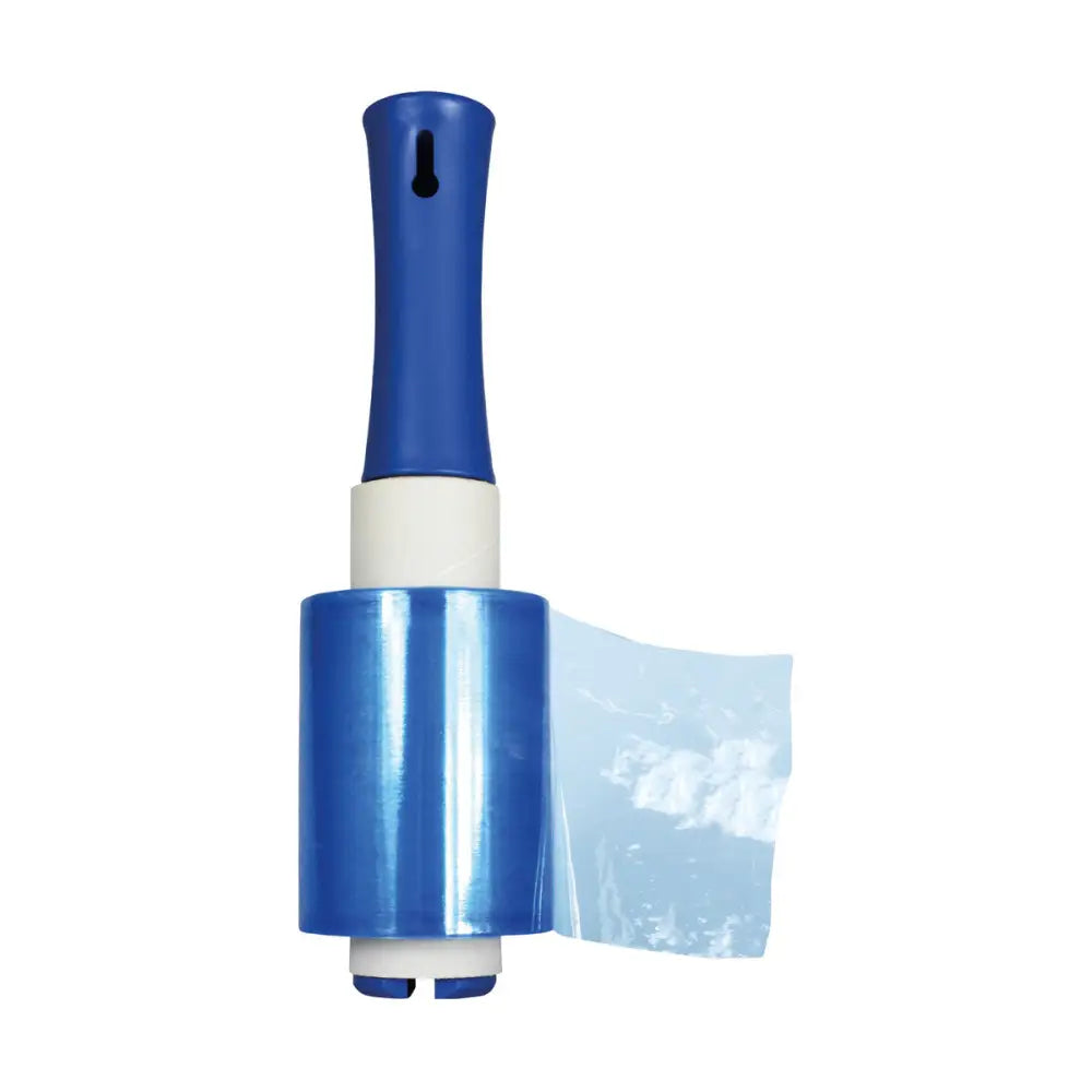 Blue plastic roll of farrier cling multi-purpose film wrap with a blue and white handle ideal for securing ice packs