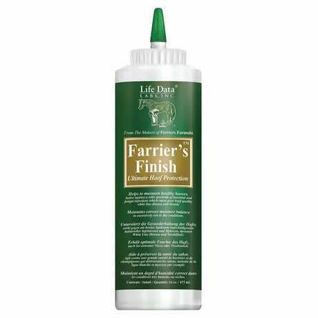 Green and white squeeze bottle of Life Data Labs farriers finish hoof protection for horses and equestrian care