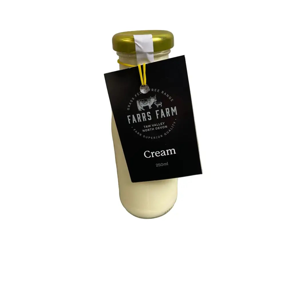 A 250ml glass jar of farrs farm cream with a gold lid and black label perfect for jimmys iced coffee fans