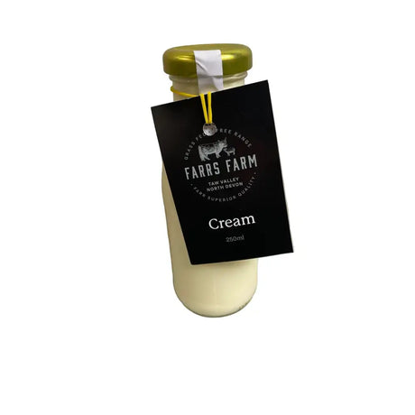 A 250ml glass jar of farrs farm cream with a gold lid and black label perfect for jimmys iced coffee fans