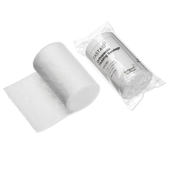 White fast aid orthopaedic padding bandages in clear packaging designed for cushioning bony prominences