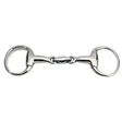 Silver metal anatomic eggbutt double jointed snaffle bit with polished finish and two circular rings at each end