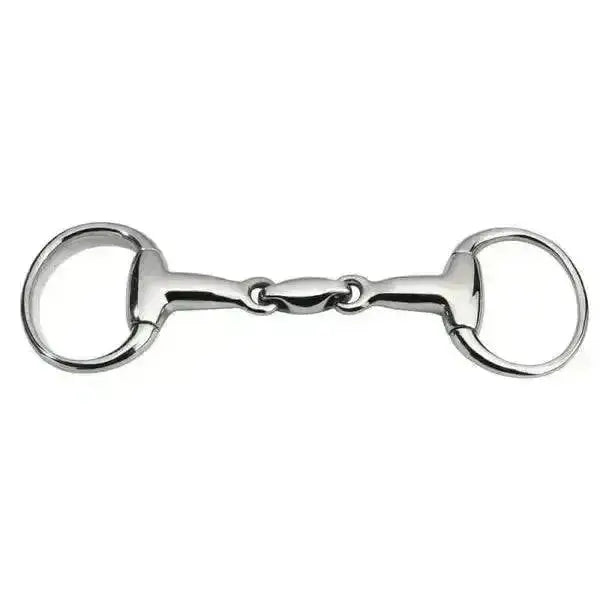 Silver metal anatomic eggbutt double jointed snaffle bit with polished finish and two circular rings at each end