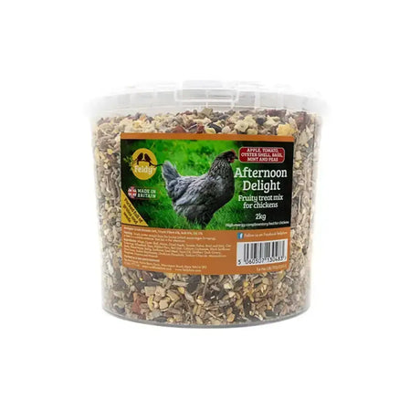 A 2kg clear plastic container of feldy afternoon delight fruity nutritious mix for chickens with colorful dried fruits and veggies