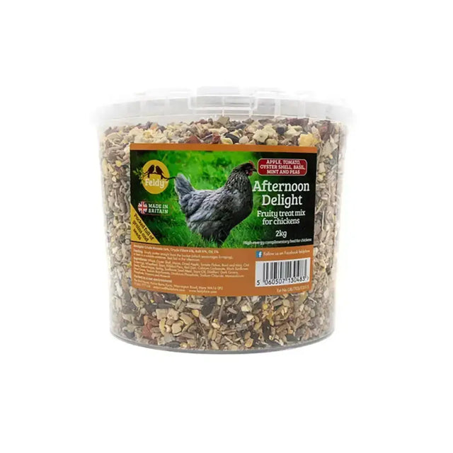 A 2kg clear plastic container of feldy afternoon delight fruity nutritious mix for chickens with colorful dried fruits and veggies