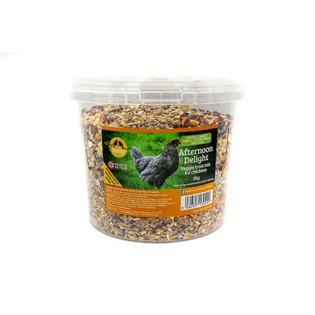 Clear plastic container of feldy afternoon delight veggie mix chicken treats with red dari and colorful veggies