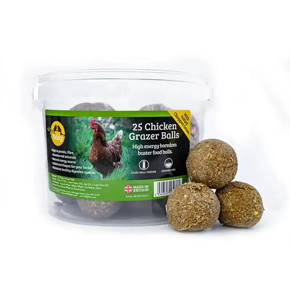 A clear plastic container of 25 brown textured feldy chicken grazer balls with a green black label featuring a hen