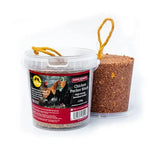 Feldy chicken pecker block is a brown textured chicken pecker block in a clear container with a yellow twine loop for convenient hanging