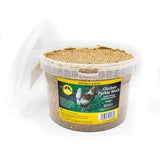 A clear plastic container with white lid holding a 3.5kg brown feldy chicken pecker block high energy buster