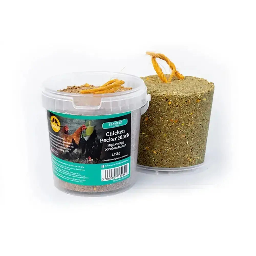 A clear container with a teal black label holding a 120g feldy chicken pecker block high energy boredom buster