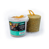 A clear container with a teal black label holding a 120g feldy chicken pecker block high energy boredom buster