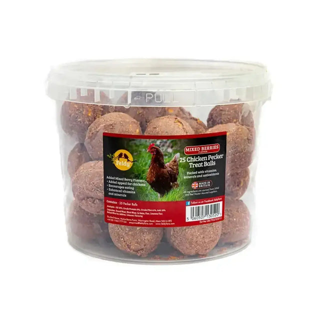Clear plastic container of brown feldy chicken pecker mixed berries chicken pecker treat balls for pets