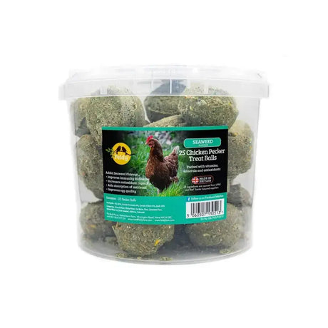 Clear plastic container of feldy chicken pecker treat balls flavored with green seaweed for pets