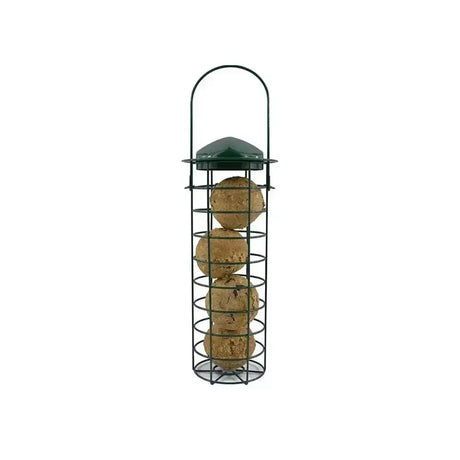 Green metal feldy golden food ball feeder with wire cage holding four round brown 100gm golden food seed balls