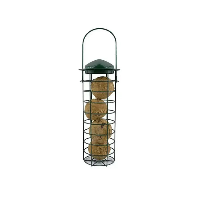 Green metal feldy golden food ball feeder with wire cage holding four round brown 100gm golden food seed balls