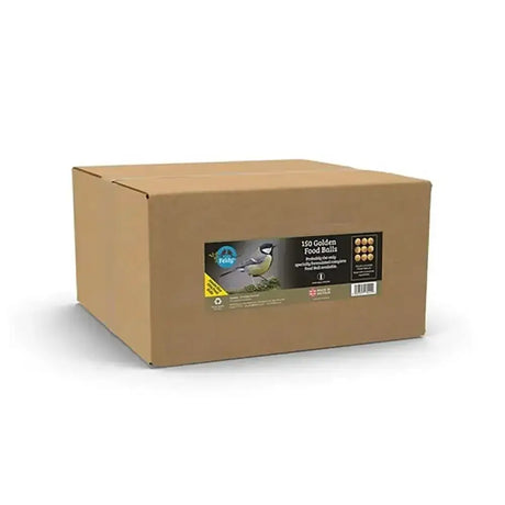 Brown cardboard box of feldy golden food balls with bird image containing 150 wild bird food pieces