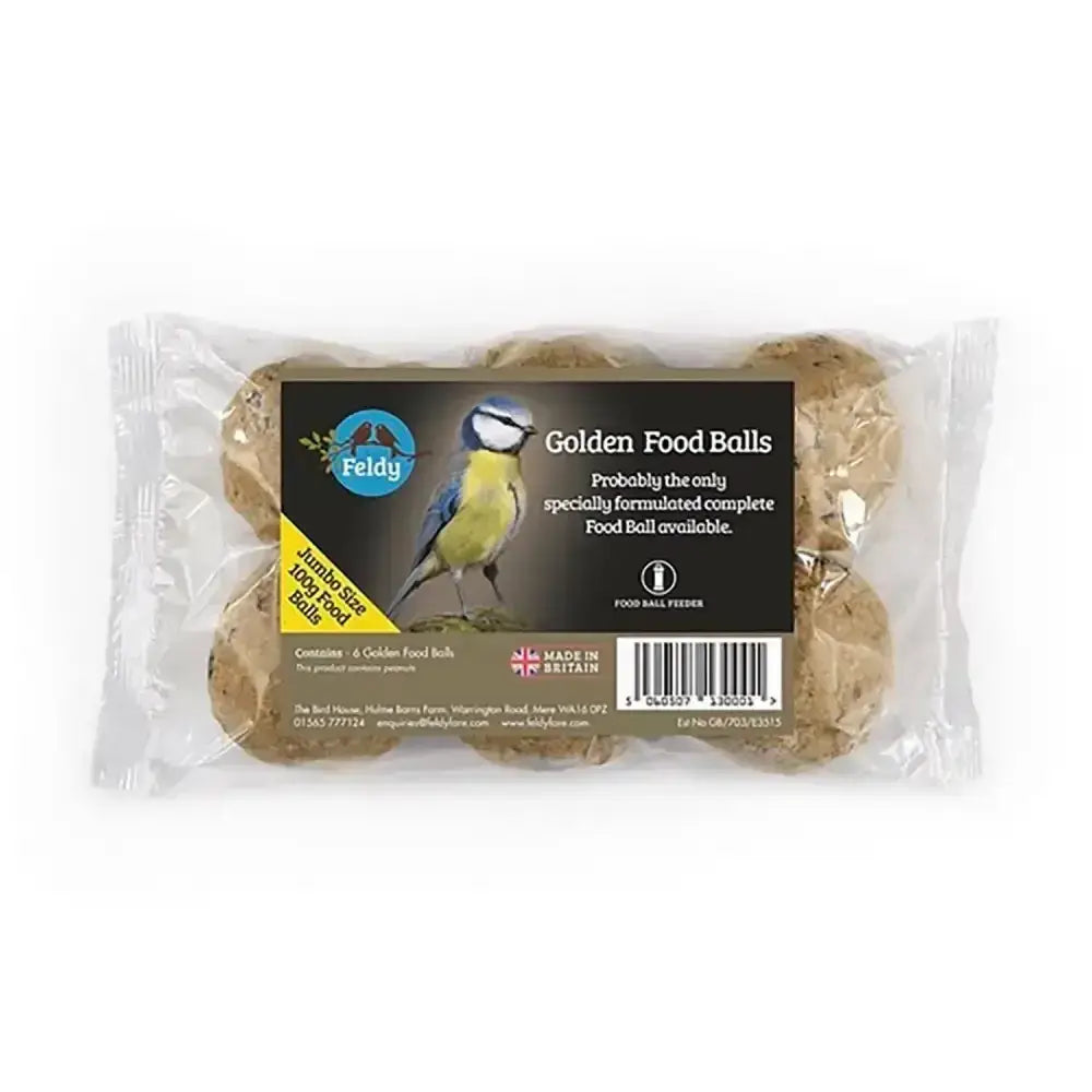 A package of feldy golden food balls with six jumbo brown seed-filled treats for wild bird food
