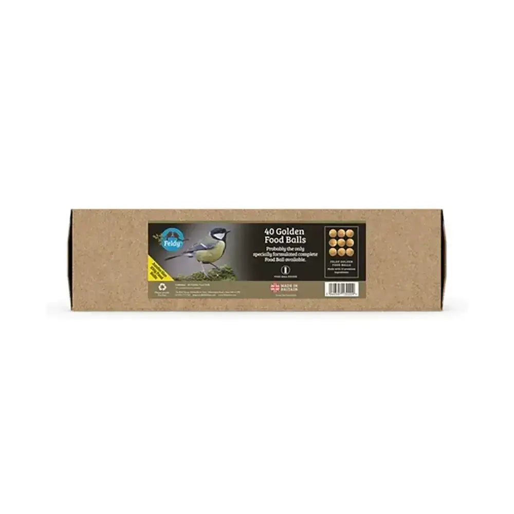 A rectangular brown cardboard box of feldy golden food balls with bird image for wild bird food by pledge