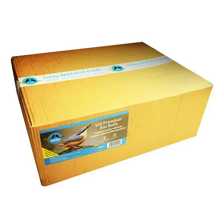A yellow cardboard box of feldy premium fat balls wild bird food with 150 premium fat balls and blue branding