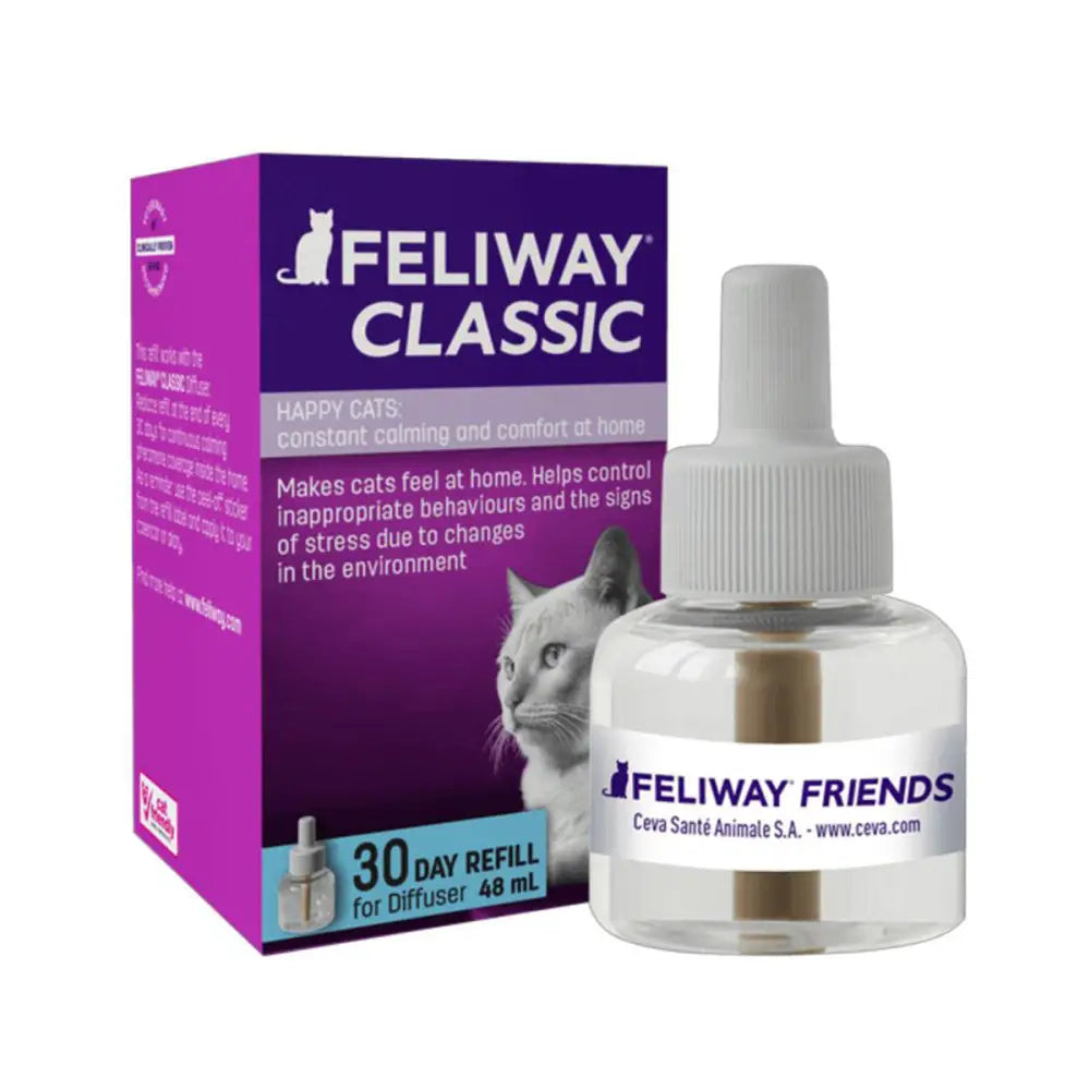 A clear glass bottle with white cap and label containing 48 ml feliway refill with synthetic copy of feline facial pheromone