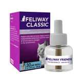 A clear glass bottle with white cap and label containing 48 ml feliway refill with synthetic copy of feline facial pheromone