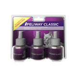 Purple feliway classic diffuser refills with gray caps in clear plastic package containing synthetic copy of cat’s natural facial pheromone