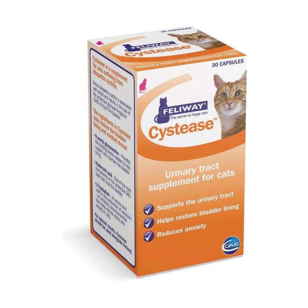 Orange and white cardboard box of feliway cystease urinary tract supplement for cats supporting feline idiopathic cystitis