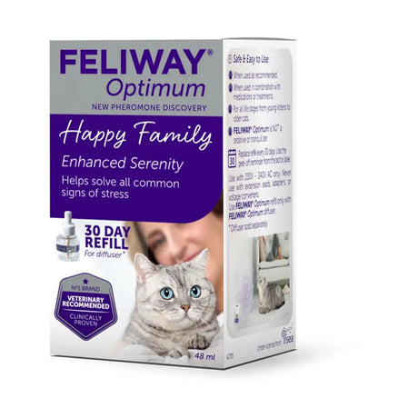Feliway optimum calmer for cats 30-day refill diffuser in purple white box with gray tabby cat featuring feline pheromone complex