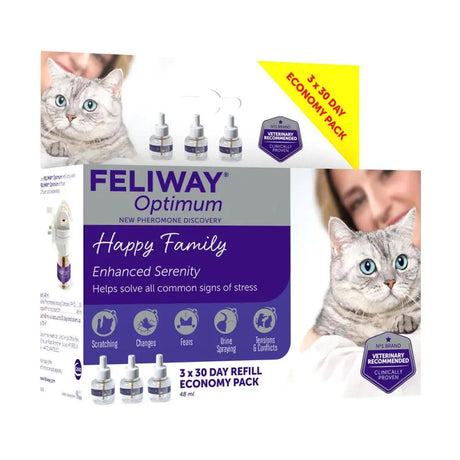 Feliway optimum feline pheromone complex refill pack with three 30-day diffusers in purple and white box for cat supplies