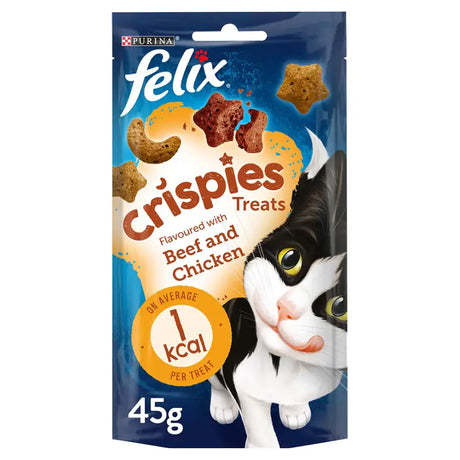 A 45g bag of felix crispies cat treats in blue packaging with a black and white cat and beef and chicken flavors