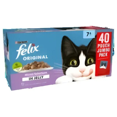 A blue and purple box of felix senior cat food jelly 40x100g featuring a black and white cat illustration