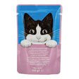 A blue and pink felix wet cat food single pouch with a black and white cartoon kitten peeking over the top