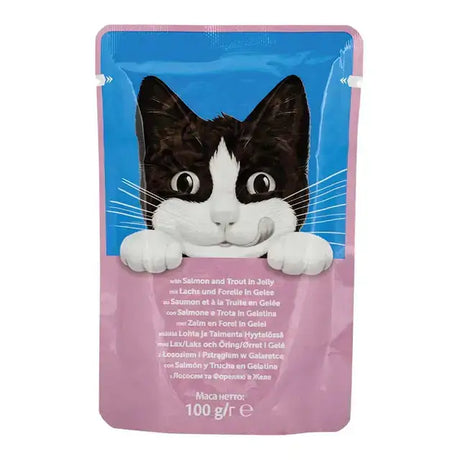 A blue and pink felix wet cat food single pouch with a black and white cartoon kitten peeking over the top