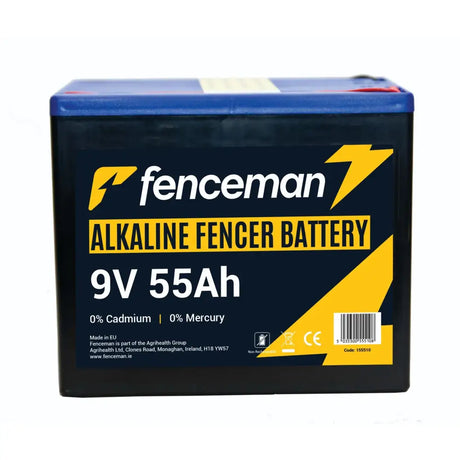 Fenceman 9v alkaline fencer battery with black and blue casing and yellow lightning bolt graphics for fencing use